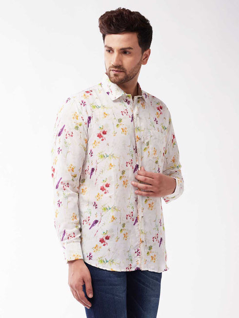 Men's Multicolour-Base-Cream Muslin Ethnic Shirtt